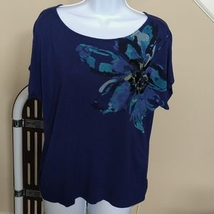 Apt. 9 Cap Sleeve Blouse, Sequined Floral accent, Navy, Sz PXL